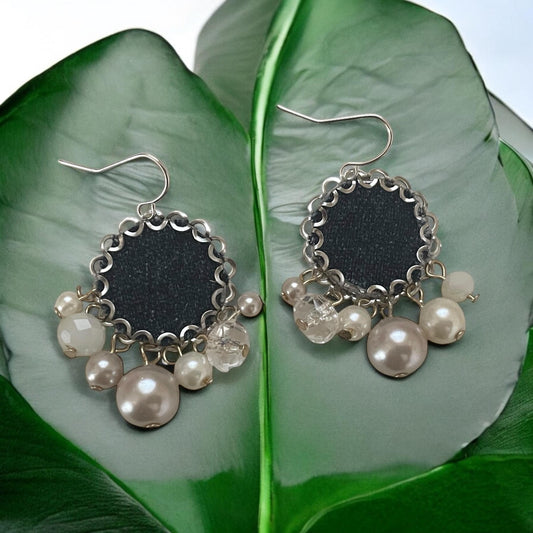 Unique dangle earrings made with denim, crystals and faux pearl dangles. Sterling silver ear wires.