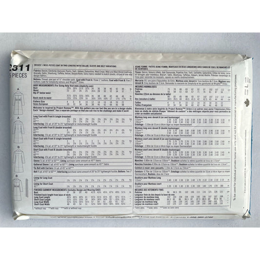 UNCUT Sewing Pattern - Simplicity Project Runway Misses Sz 14-22 Overcoat Pattern 0470