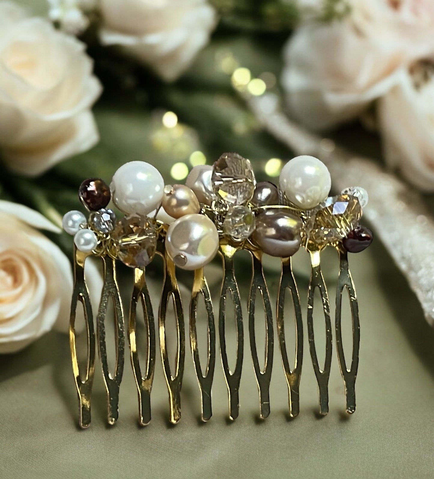Beaded metal hair comb with crystals and pearls