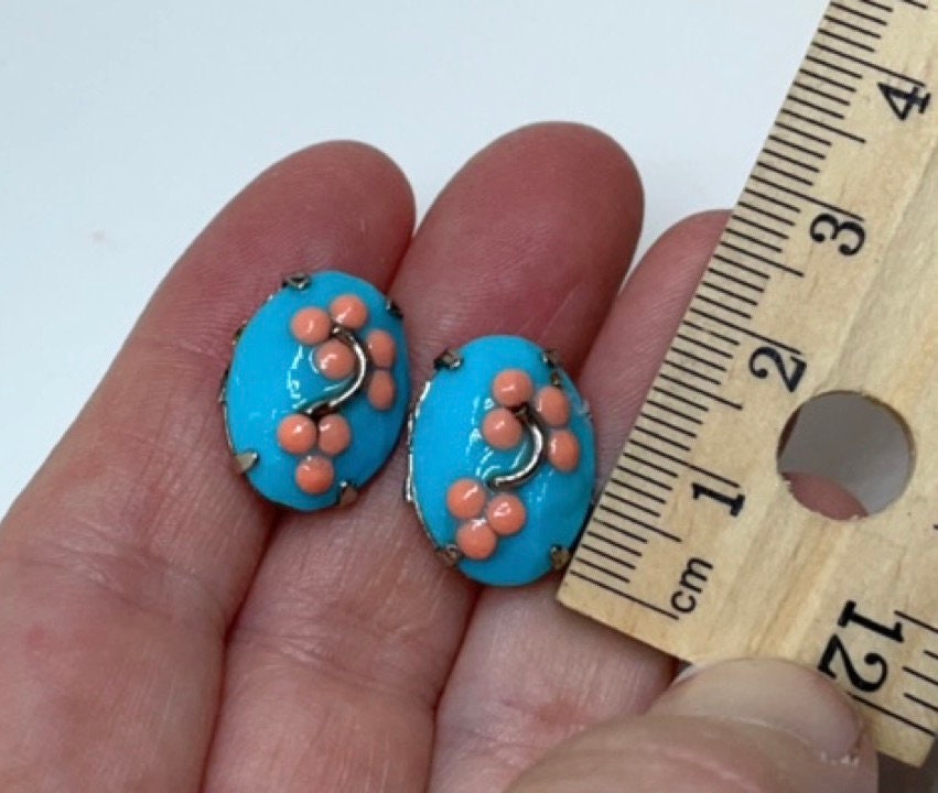 Asian inspired blue and peach floral handmade stud earrings with sterling silver ear wires