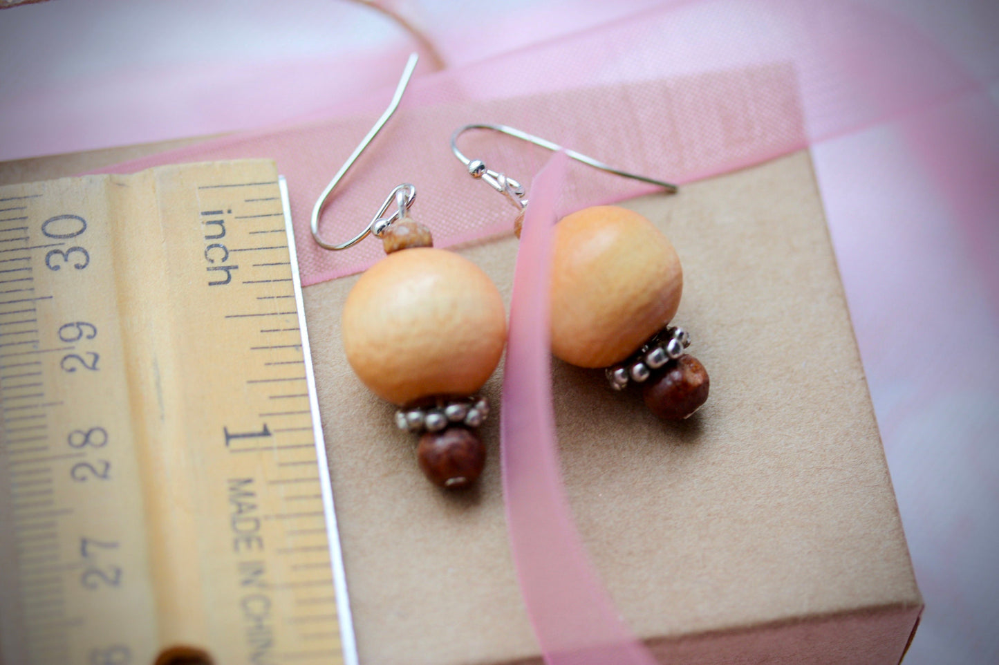 Handmade dangle earrings made with vintage wooden beads