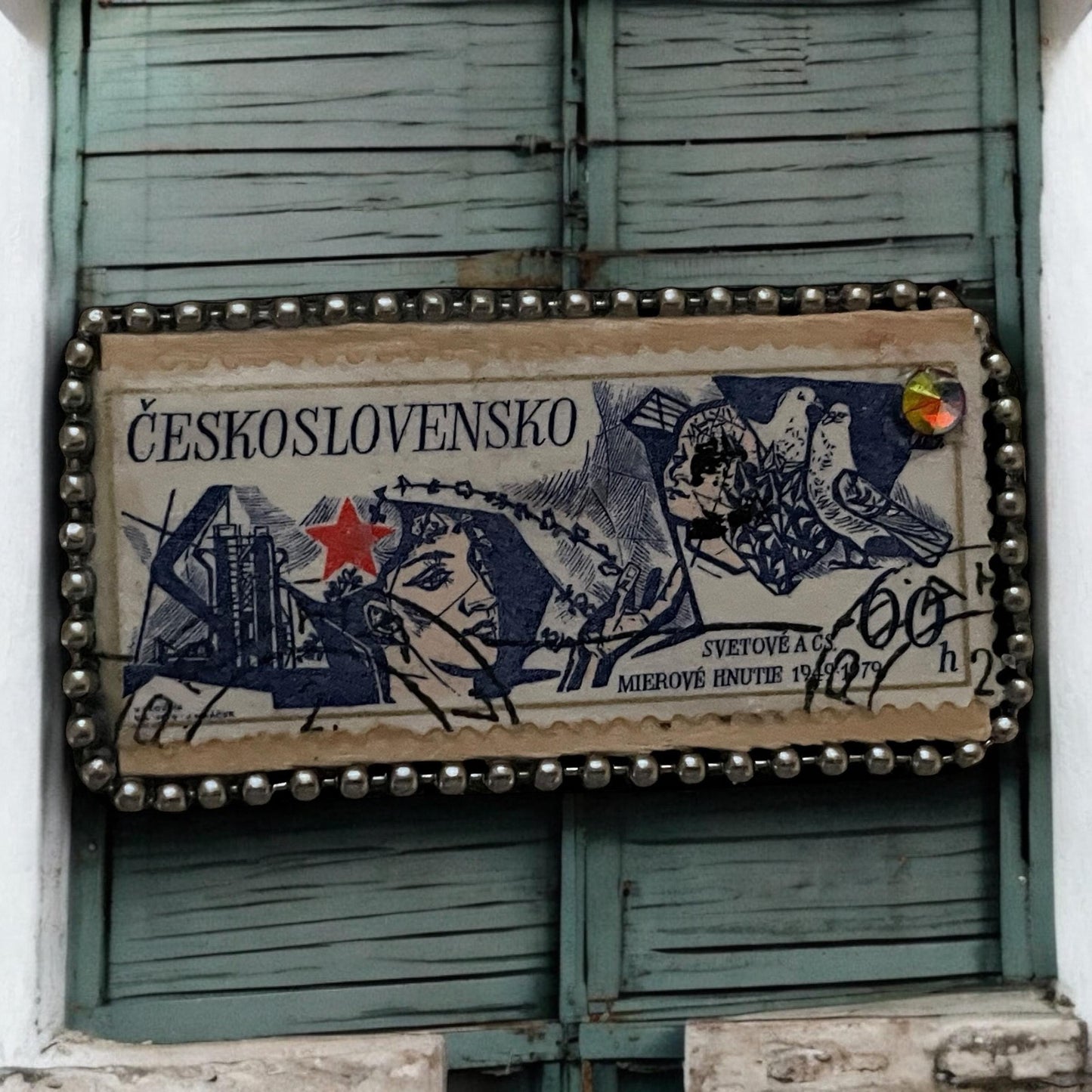 Pin or necklace pendant hand made from genuine vintage and antique postage stamps from around the world - Ceskoslovensko