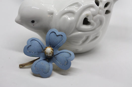 Revised, Modernized, large upcycled blue flower pin with faux pearl