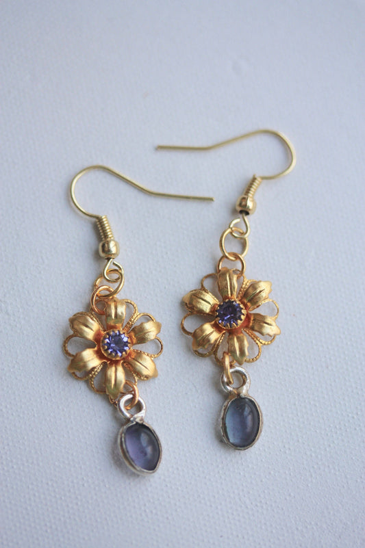 Handmade earrings - made up of vintage & new components - gold flowers with purple rhinestones and purple dangles