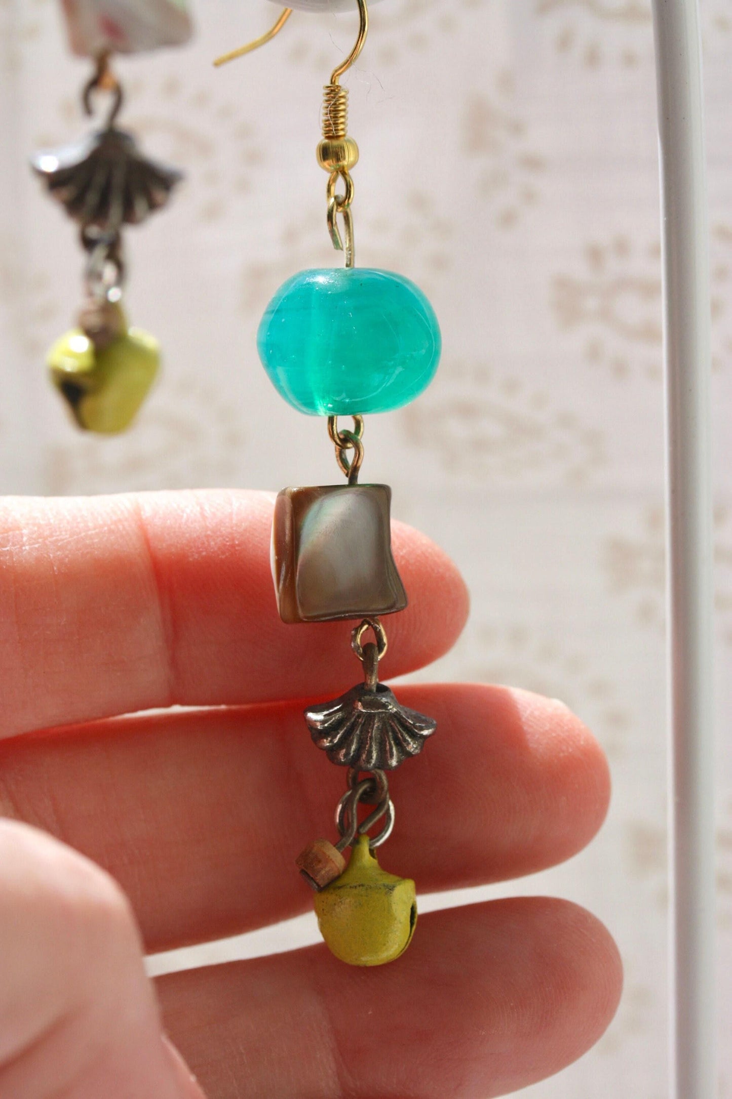 Handmade Vintage Turquoise Glass Earrings - Abalone Shell Dangle Earrings - Mustard Yellow Bell Beads - Boho Statement Earrings