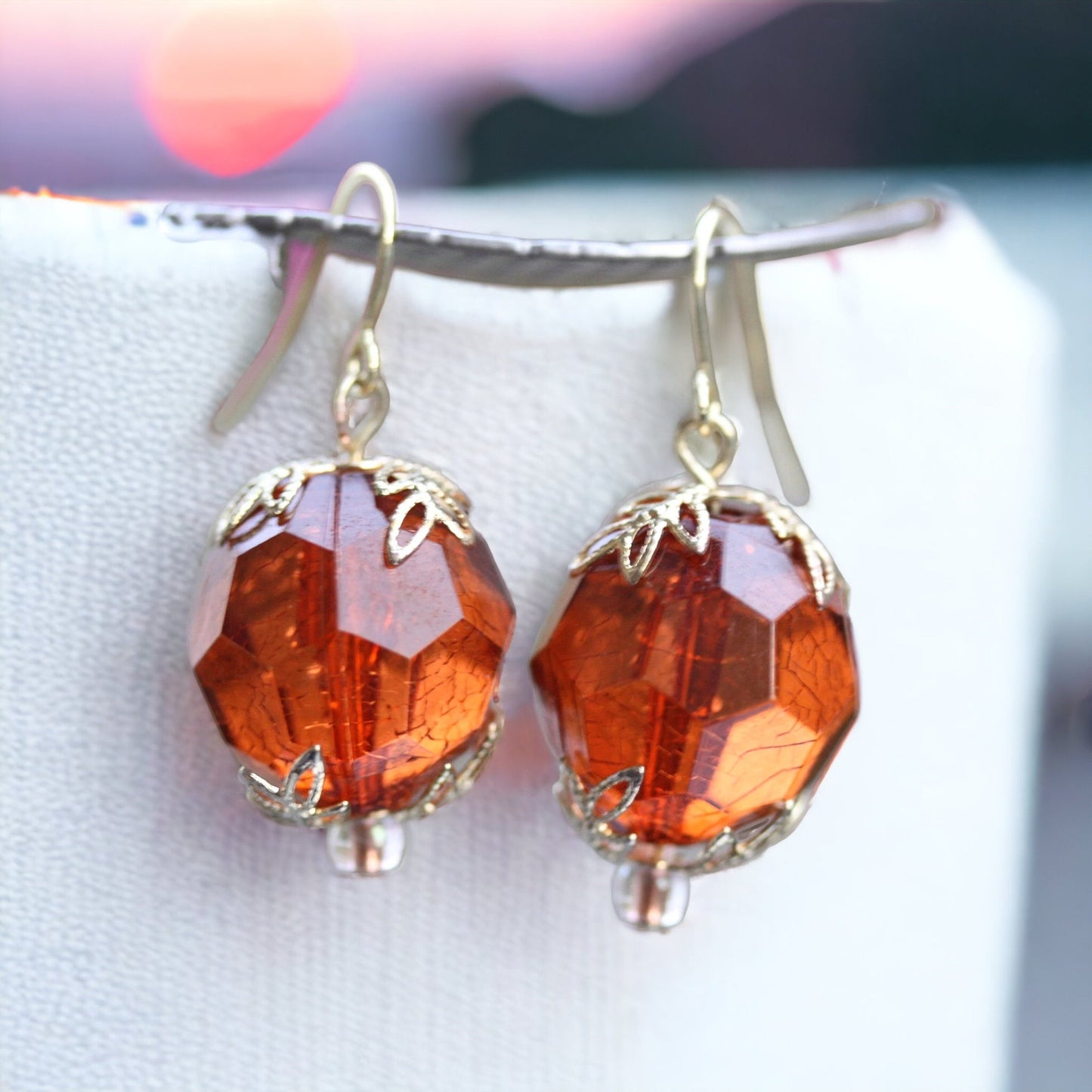 Simple gold faceted crystal dangle earrings with upcycled vintage gold leaf bead caps