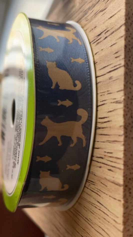 Charming cats ribbon - new, mint condition - price per yard - farmhouse ribbon, cottage style ribbon, navy blue and tan
