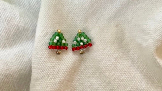 Handmade tiny little beadwork Christmas tree stud earrings