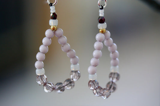 Hand beaded color blocked dangle hoop earrings - vintage and new materials