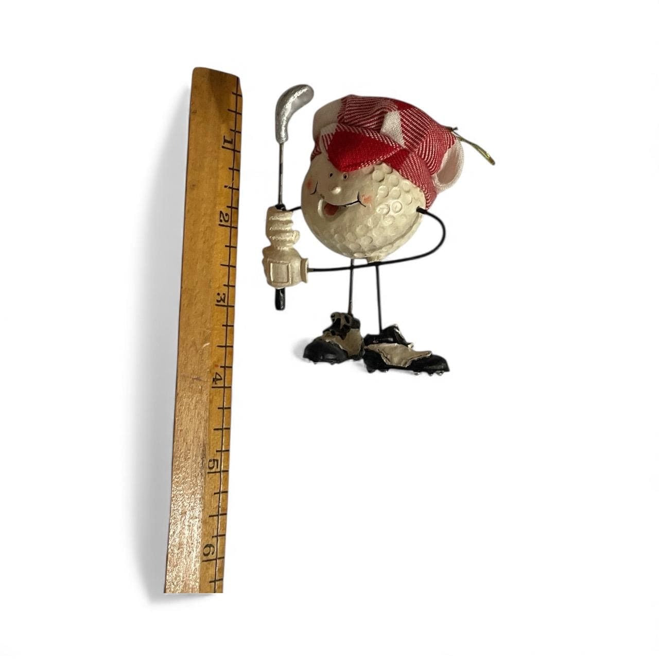 Vintage Golf Ball Character Ornament – Resin Golfer Figurine with Club & Plaid Cap