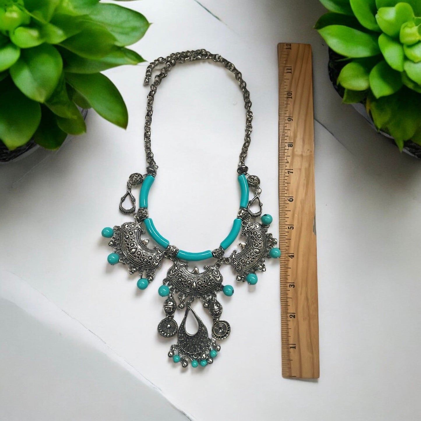 Exotic Indian style necklace with turquoise beaded balls/tubes and ornate silver trim