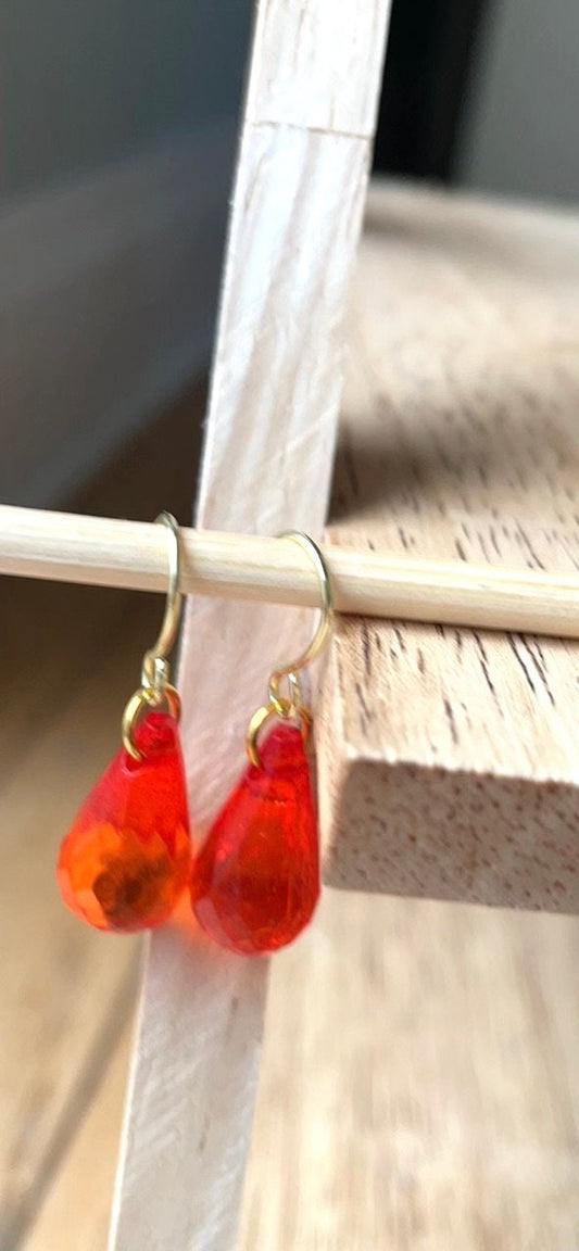 Simple upcycled orangish red faux crystal teardrop dangle earrings