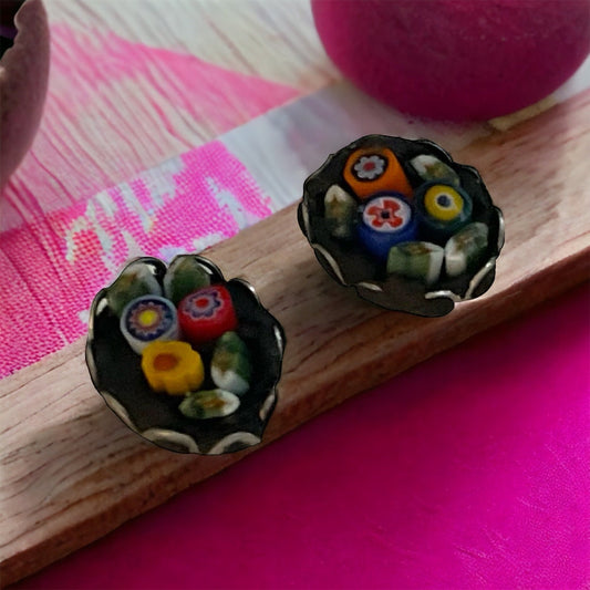 My handmade cut and inlaid glass micro-mosaic stud earrings