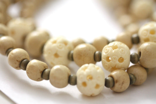 Mixed wood and carved bovine stunning triple stranded vintage necklace on leather cord