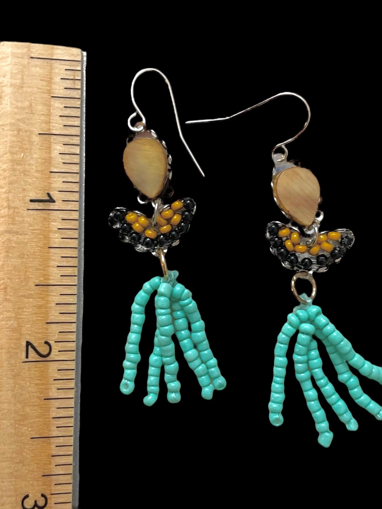 Handmade mixed material earrings - Mustard yellow teardrops with black and mustard glass seed beads and turquoise beaded dangles