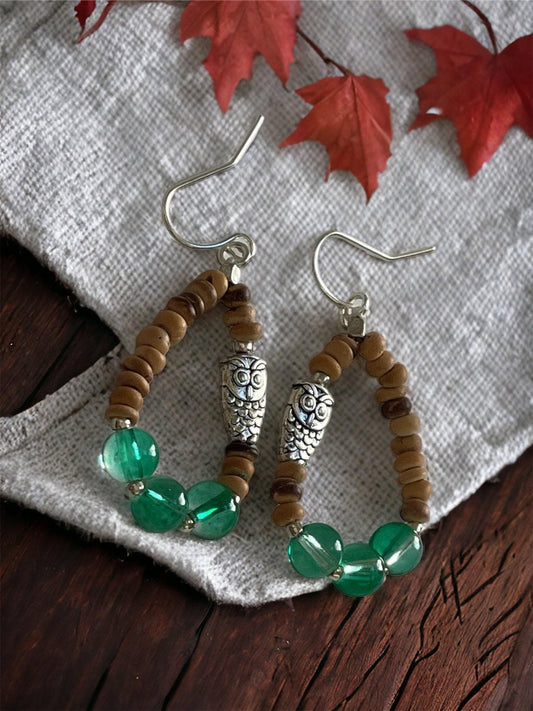Hand beaded color blocked dangle hoop earrings - glass, wood and tiny metal owls