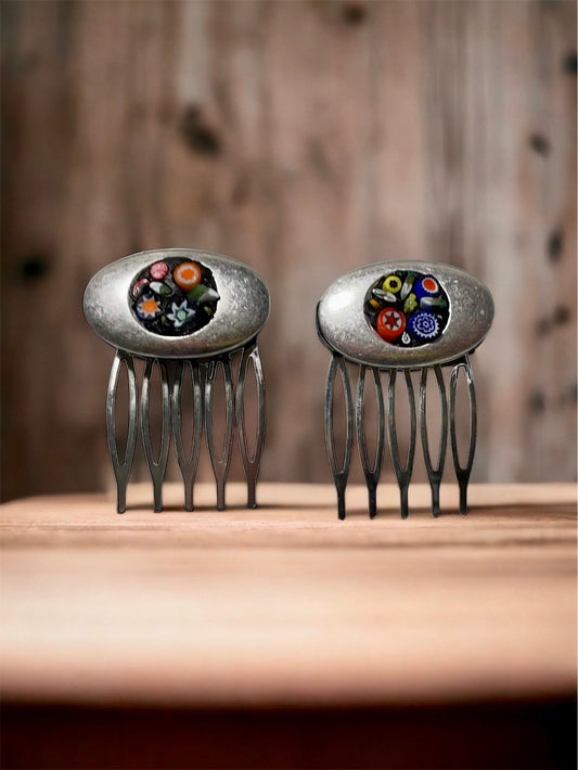 Pair of one-of-a-kind handmade Italian glass micro mosaic hair combs with millefiori