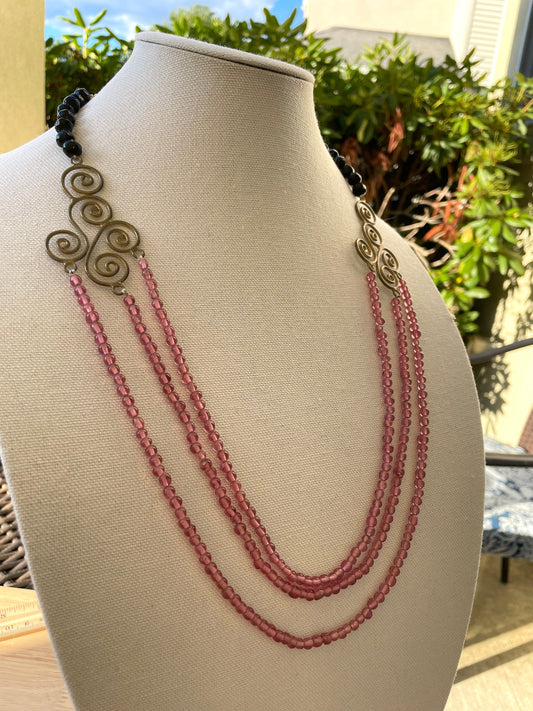 Triple-stranded glass vintage necklace with metal scrollwork and black beads - available in pink, hot pink and light blue