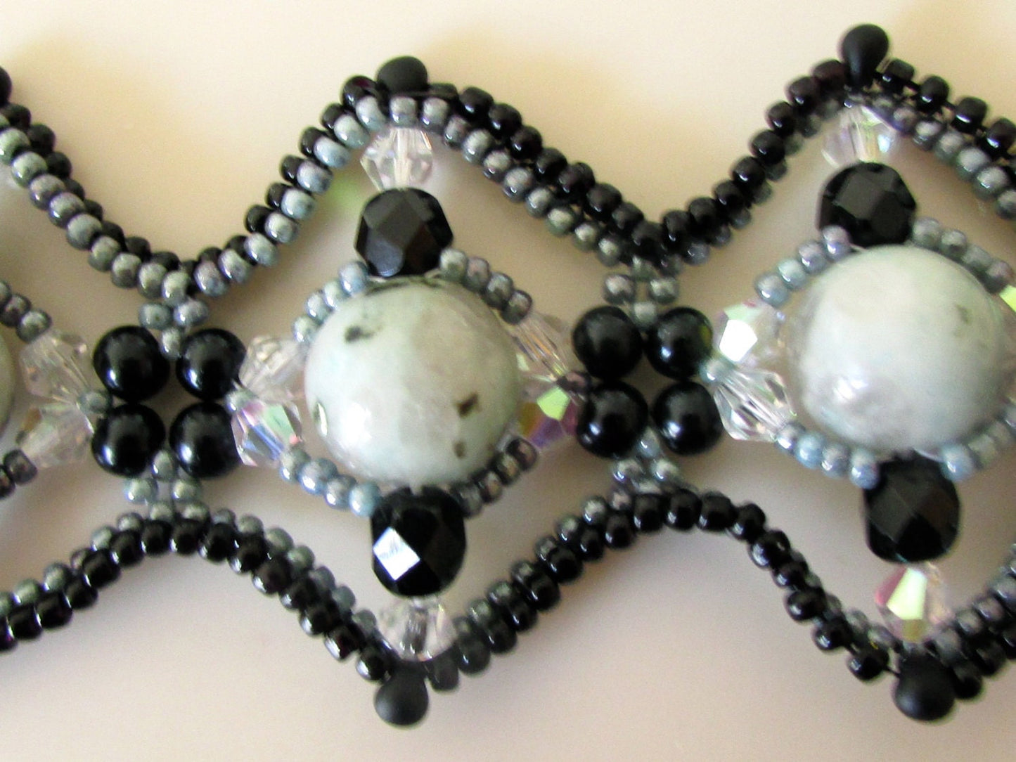 Turquoise and black beadwork bracelet - turquoise sesame jasper, unique beaded scrollwork, seed beads, crystals