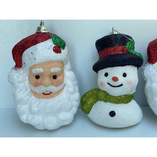 Vintage Santa Claus or Snowman glittered firm foam Christmas ornaments