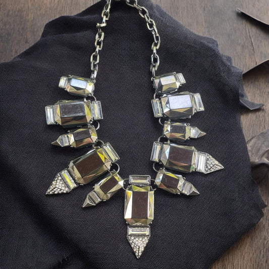 RJ Graziano Statement Necklace, Gunmetal Crystal Bib Necklace with pave rhinestones, Art Deco style Chunky Silver Jewelry, Geometric Glam
