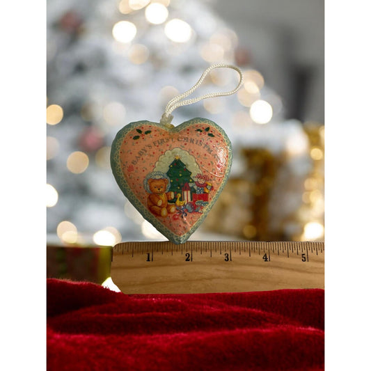 Vintage Paper Mache Baby’s First Christmas Heart Ornament – 1980s Nursery Keepsake Holiday Decor
