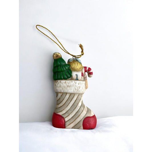 Little Girl Doll with Candy Cane and Christmas Tree – Vintage Handmade Ceramic Christmas Ornament