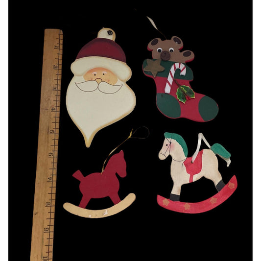 Rustic Wooden Christmas Ornament Set of 4 – Santa Face, Teddy Bear Stocking & Rocking Horses – Holiday Tree Decorations