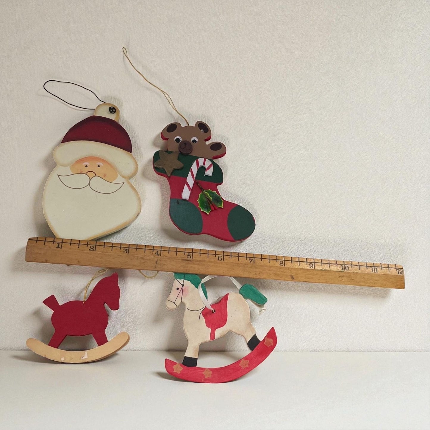 Rustic Wooden Christmas Ornament Set of 4 – Santa Face, Teddy Bear Stocking & Rocking Horses – Holiday Tree Decorations