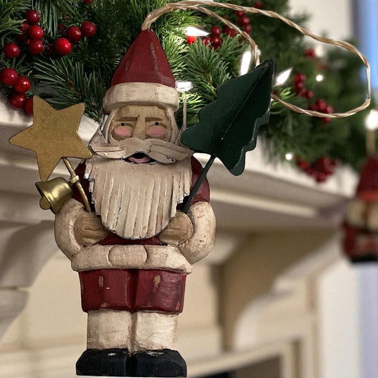 Hand Carved Hand Painted Wooden Santa Ornament – Vintage Etched Folk Art Christmas Decoration