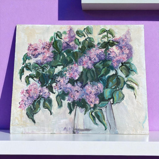 Original Vintage Lilac Floral Painting – Impressionist Purple Lilacs Wall Art, Botanical Flower Still Life