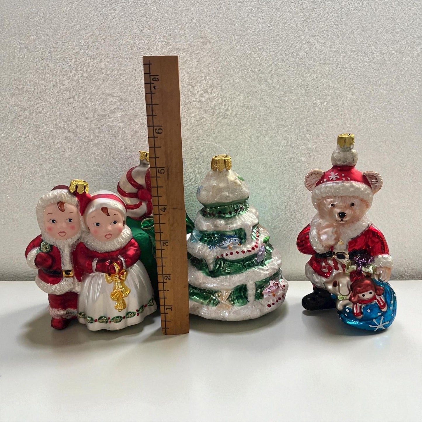 Lot of 4 Vintage BK Collection Blown Glass Christmas Ornaments Set – Santa/Mrs. Claus, Candy Cane, Christmas Tree & Bear