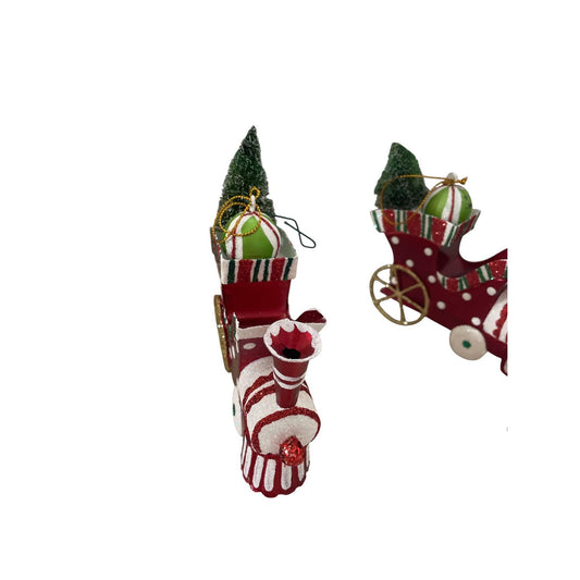 Set of 3 Metal Train Christmas Ornaments – Red Holiday Train Decor with Trees & Gifts – Festive Christmas Tree Decorations