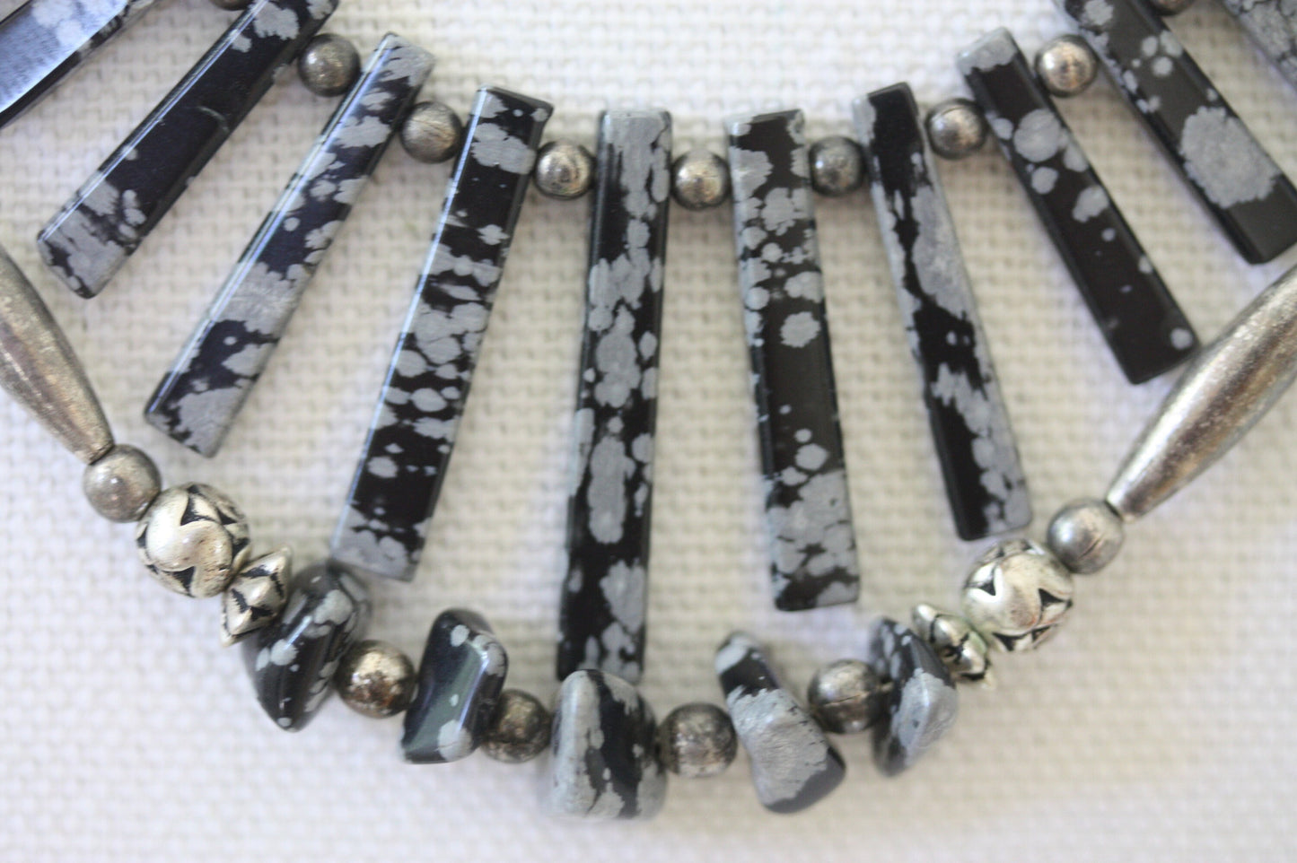 Stunning silver beaded snowflake obsidian double-stranded vintage artisan necklace
