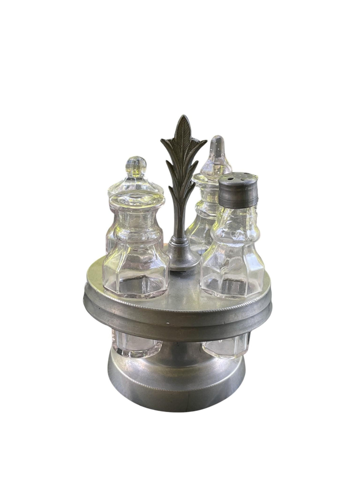 Vintage Glass Cruet Set with Metal Carousel Stand | 4 Piece Condiment Set | Salt Pepper Oil Vinegar Tableware