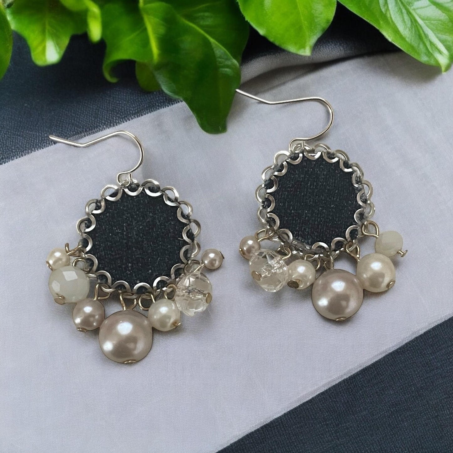 Unique dangle earrings made with denim, crystals and faux pearl dangles.  Sterling silver ear wires.
