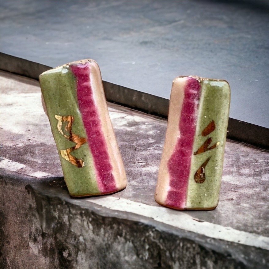 Vintage pottery ceramic earrings - red, green and gold glaze on clay