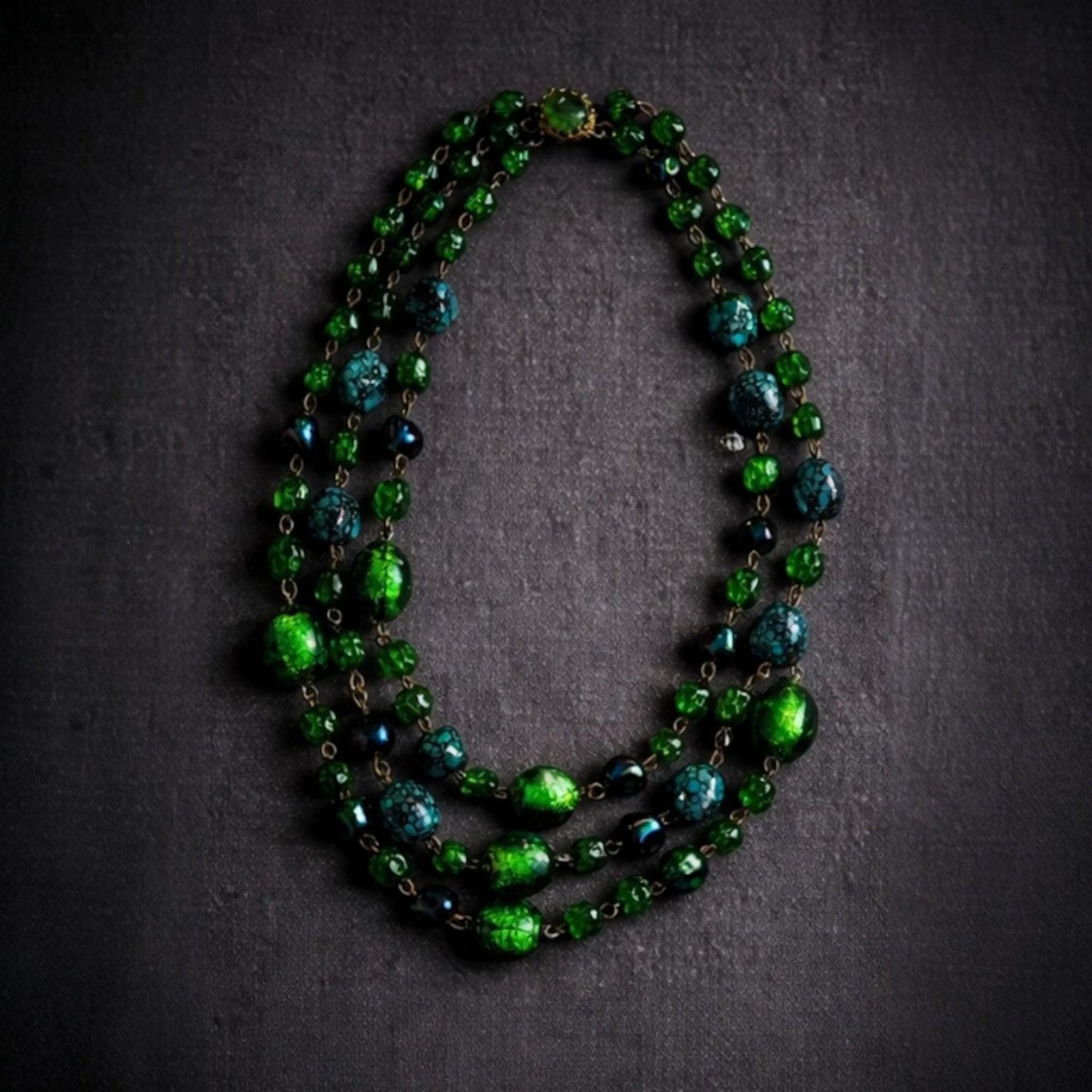 Vintage Emerald Green Glass Necklace, 3 Strand Art Deco Style Statement Necklace, Foil Glass & Turquoise Look Synthetic Beads