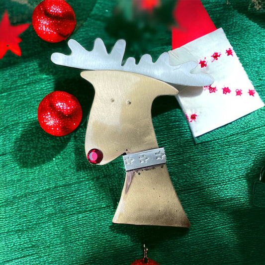 Mixed metal vintage reindeer pin with red rhinestone nose