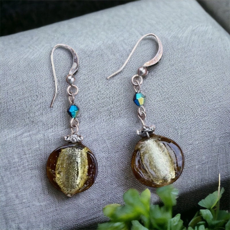 Vintage artisan glass and rhinestone drop earrings