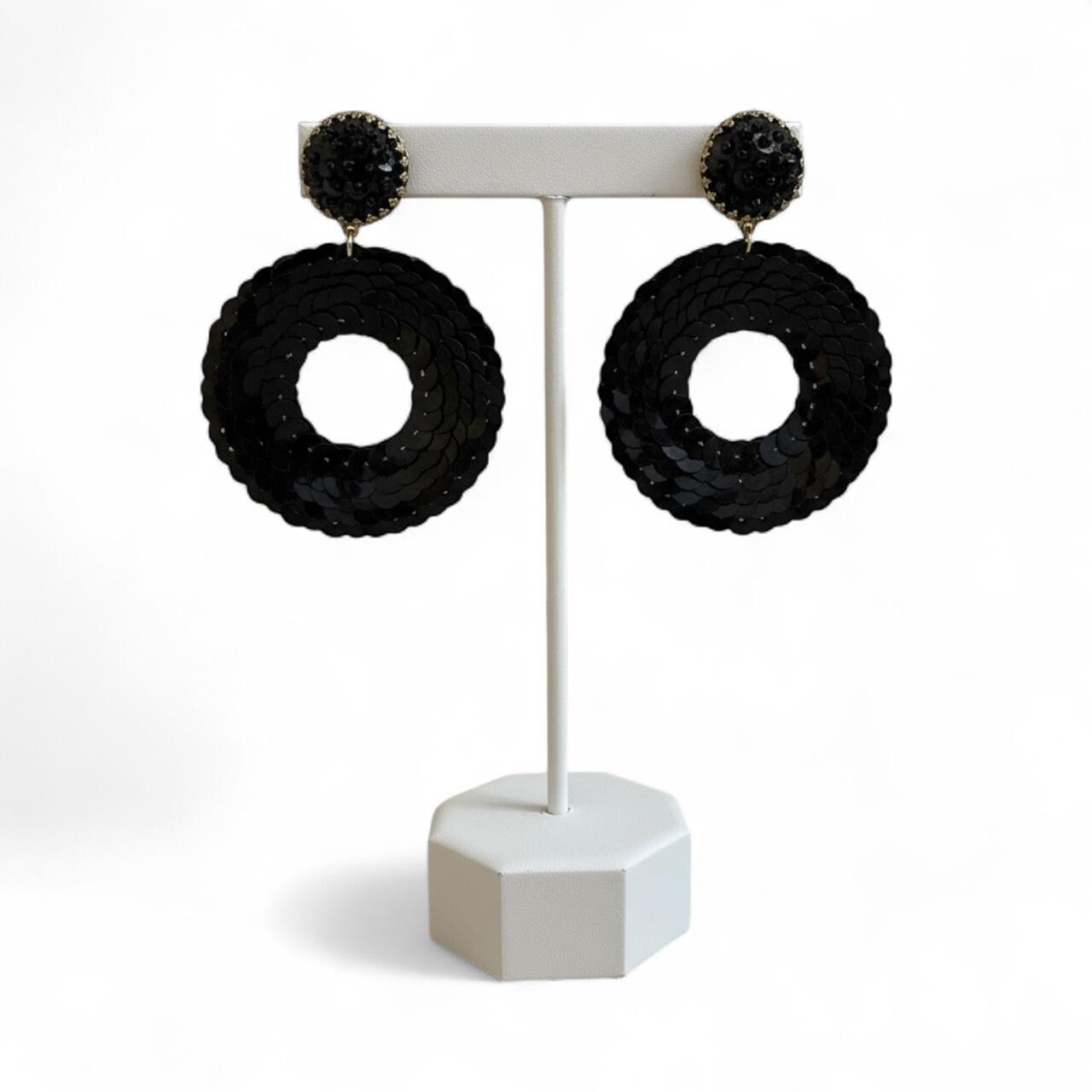 Vintage Black Sequined Clip-On Hoop Earrings – 3" Statement Dangles Glam
