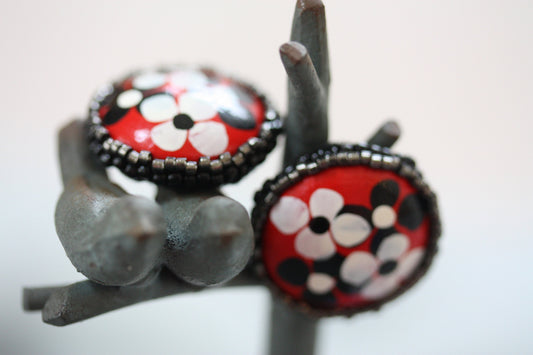 Stud earrings - original beadwork around upcycled floral painted vintage wooden centers