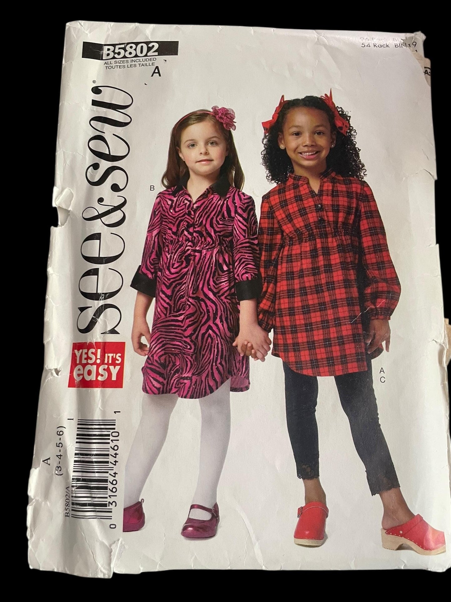 See & Sew Butterick B5802 Children's Top, Dress and Leggings, optional collar, empire waist - Sizes 3,4,5,6 - please read description