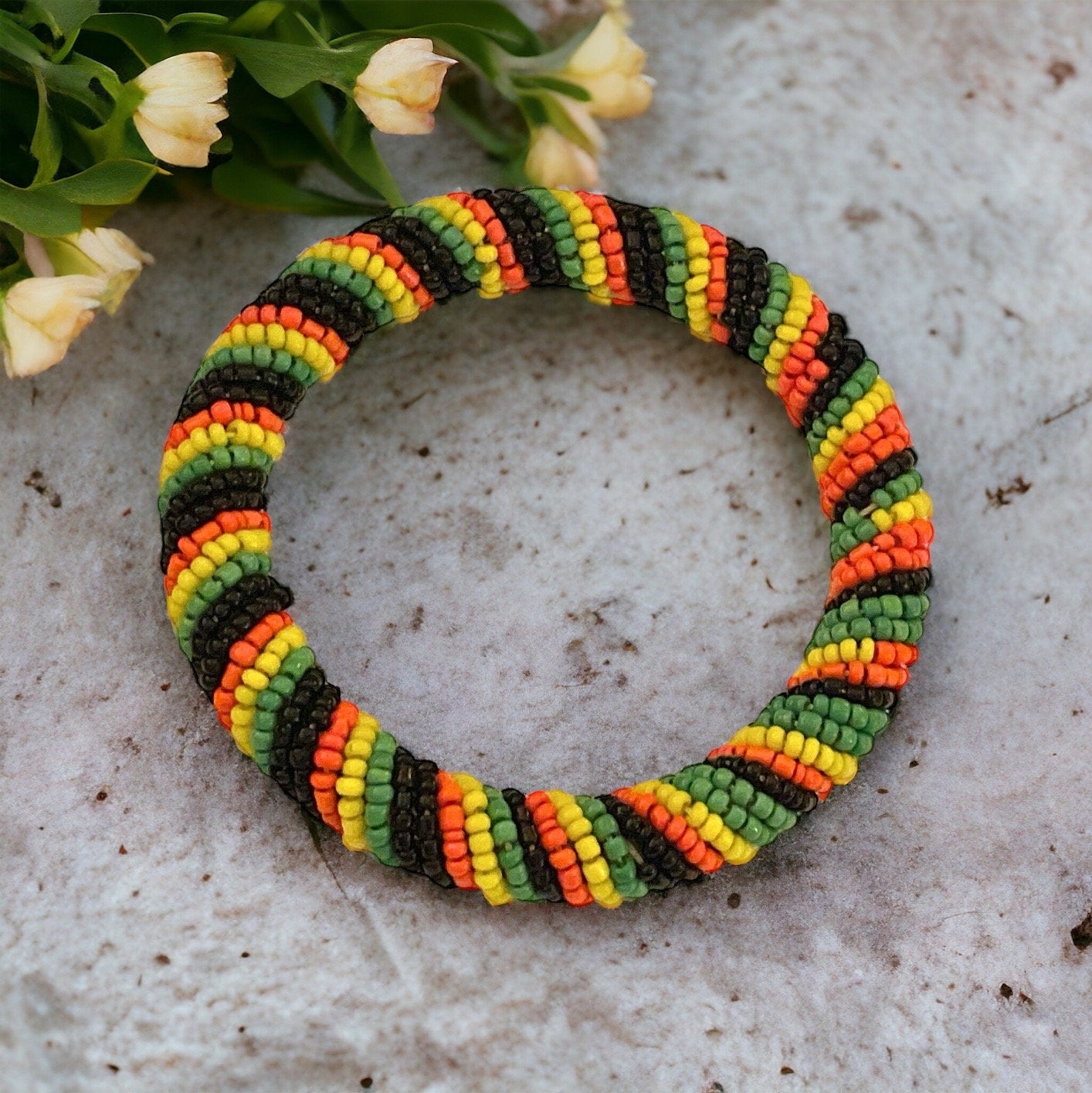 Seed beaded vintage bangle bracelet - Orange, yellow, green and black