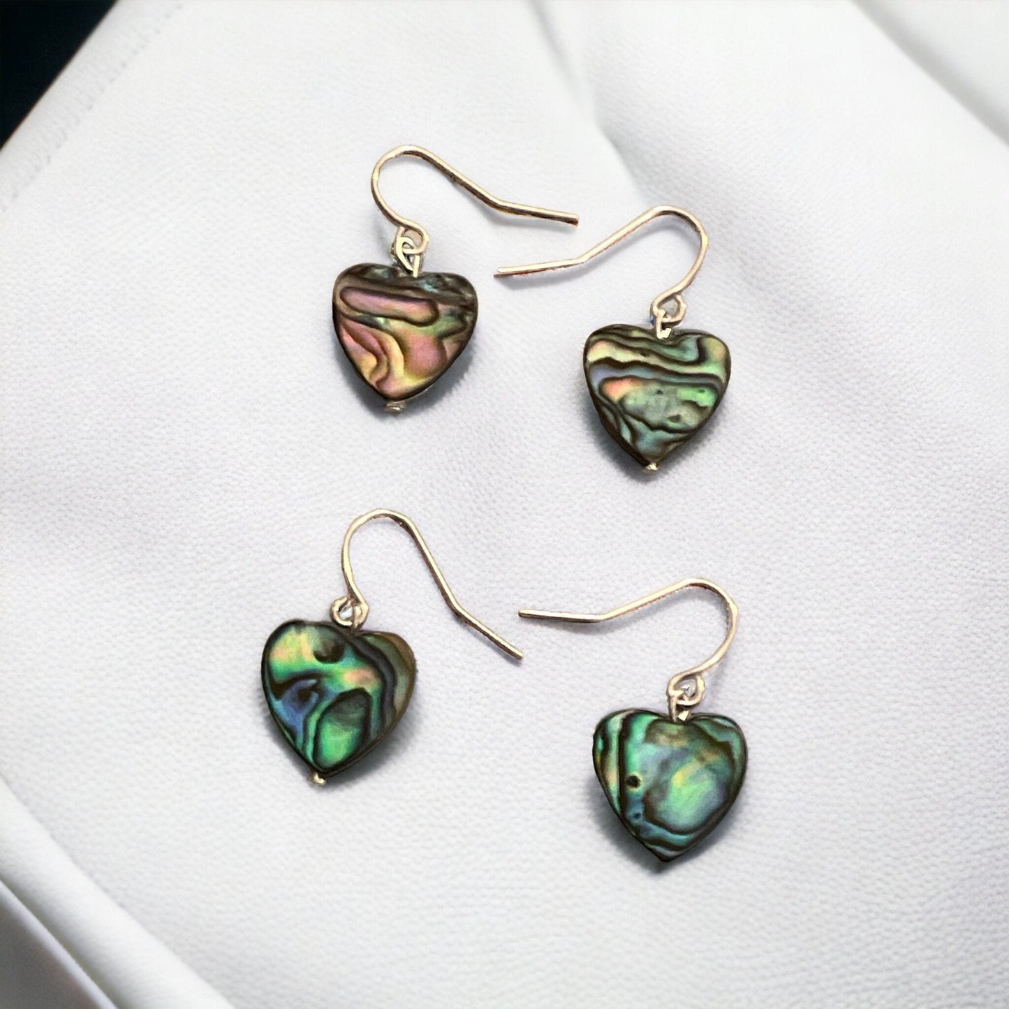 Heart shaped abalone shell dangle earrings