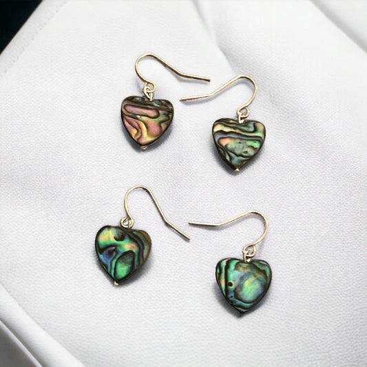 Heart shaped abalone shell dangle earrings