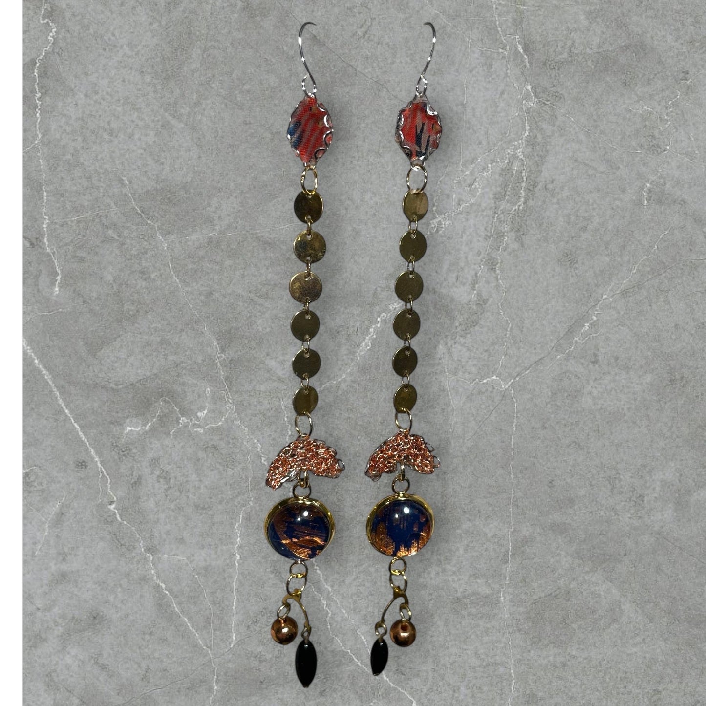 Handmade Long Boho Dangle Earrings – Mixed Metal & Fabric Statement Earrings, Artistic Drop Jewelry with Beads, Modern Design - "Red Sky"