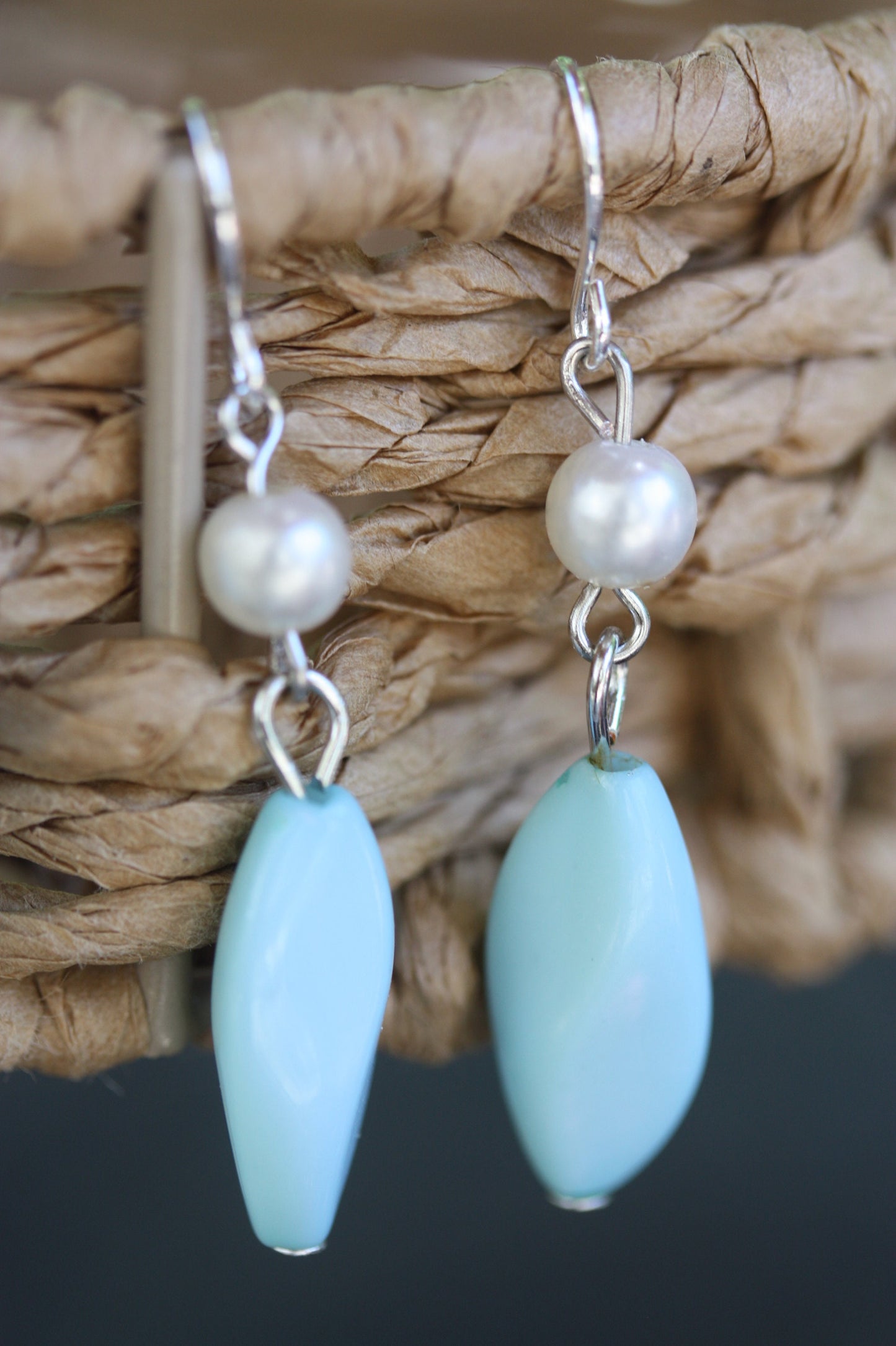 Simple upcycled seafoam green, blue and pearl dangle earrings