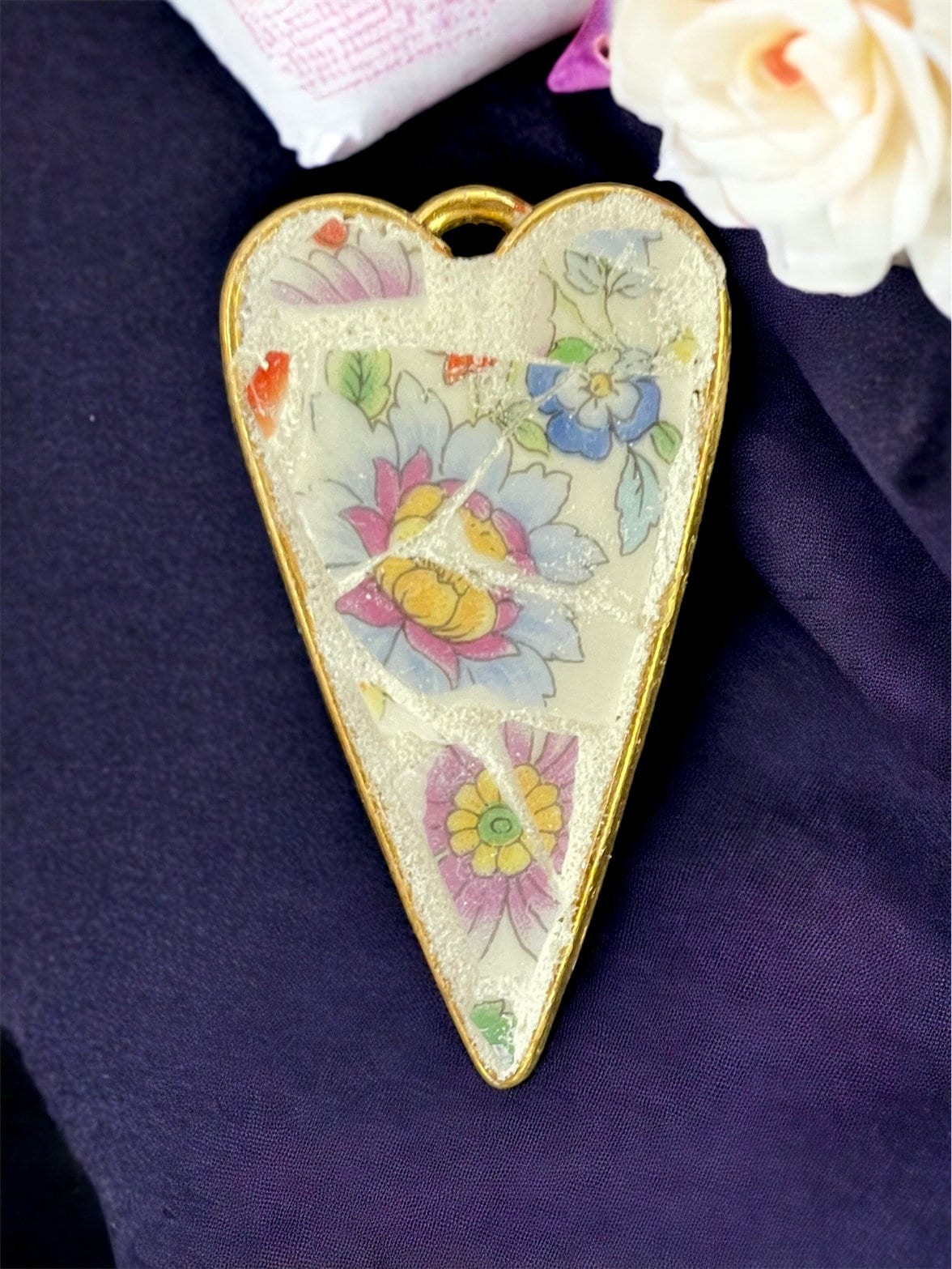 My handmade mosaic heart necklace - made from hand cut pieces of a broken vintage dish