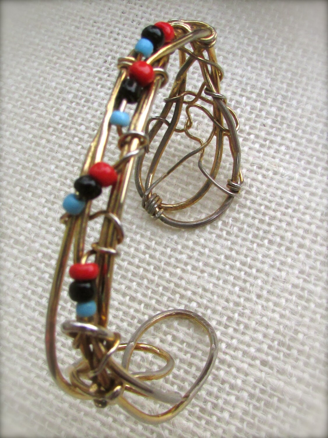 Unique vintage artisan cuff beaded wire bracelet - adjustable... one-size-fits-all